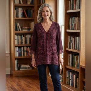 Johnny Was Embroidered V-Neck Women's Top - Burgandy